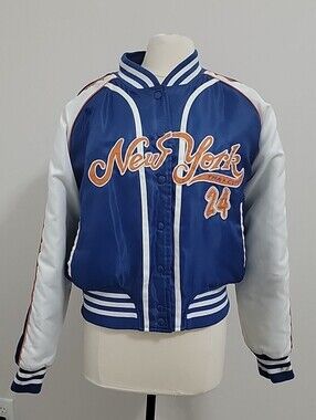 Vintage Women's Raw Blue bomber jacket featuring a New York THA City 24 XL